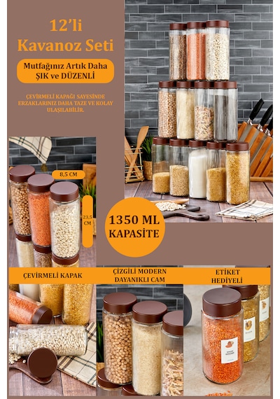 12'li Plastik Kapaklı Cam Kavanoz Erzak Bakliyat Saklama Kabı Seti 1350 Ml Cam - Şeffaf