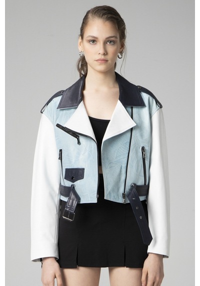 Dericlub H.quınn Crop Biker Kadın Deri Mont Mavi