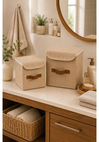2li Kapaklı Jüt Organizer Kutu Seti 20x20x20 Cm - 25x25x25 Cm Katlanabilir Düzenleme Kutusu Organizer Seti Dolap, Raf Ve Banyo Düzeni İçin Doğal