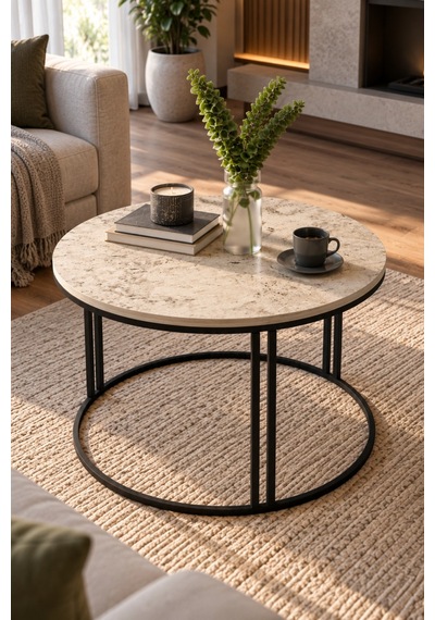 Sulorahome Yuvarlak Traverten Desenli Orta Sehpa - Metal Ayaklı