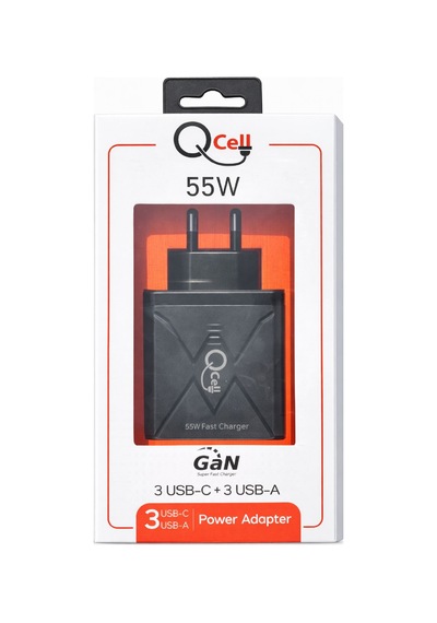 Qcell Super Fast Charger 6 Port 55 Watt Gan Siyah Adaptör Süper Hızlı Şarj