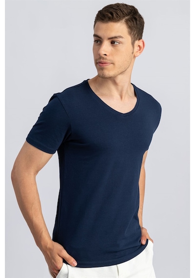Tudors 16653 Slim Fit Dar Kesim V Yaka Kısa Kol Basic Erkek Tişört Lacivert