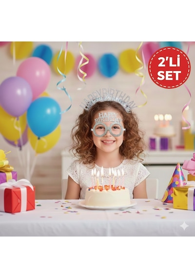 Gri Happy Birthday Simli Doğum Günü Taç Ve Gözlük Seti 2 Li Parti Aksesuarı Fotoğraf Konsepti