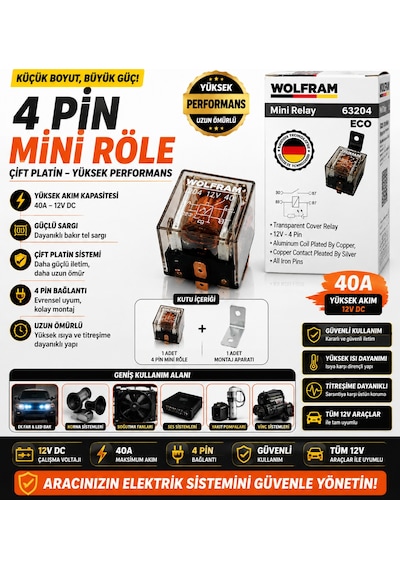 12v 40a 4 Pin Mini Röle Çift Platin Sargılı Şeffaf Gövde Yüksek Performans Oto Röle 1 Adet