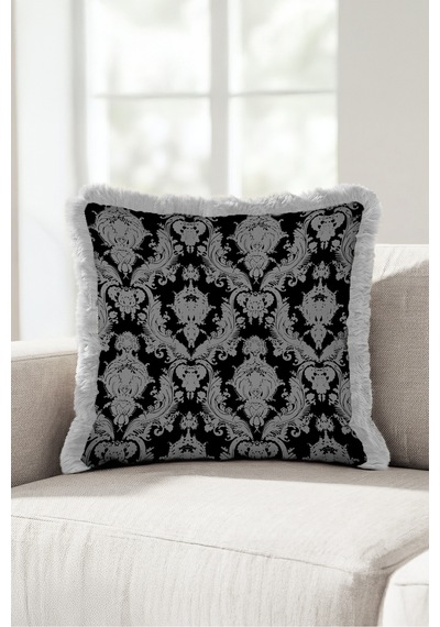 Lüks Damask Barok Desenli Saçaklı Yastık Kılıfı - Zarif Avangart Siyah Gri Püsküllü Kırlent Kılıfı Puslu Kanyon Halo Lüks Damask Barok Desenli Saçaklı Yastık Kılıfı - Zarif Avangart Siyah Gri Püsküllü Kırlent Kılıfı Puslu Kanyon Halo