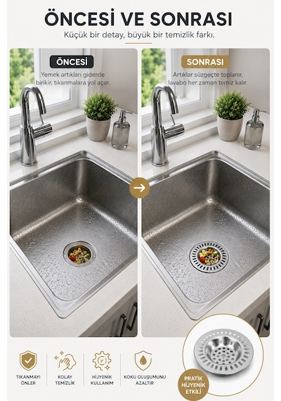 Paslanmaz Çelik Lavabo Gider Süzgeci Evye Süzgeci Kıl Saç Yemek Artığı Tutucu