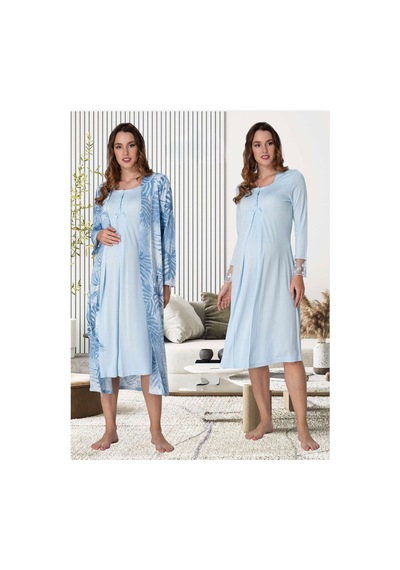 Lohusa Homewear Kadın Mavi Desenli Uzun Kollu Pamuklu Hamile Lohusa Sabahlık Gecelik 2'li Set Mavi