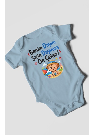 Morivokids Benim Dayım, Sizin Dayınıza On Çeker Kısa Kollu Bebek Body %100 Pamuk Bebe Mavisi