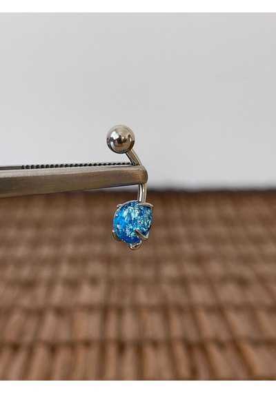 316 L Cerrahi Çelik Anti Alerjik 10 Mm Mavi Opal Taşlı Göbek Piercingi Beyaz - Siyah
