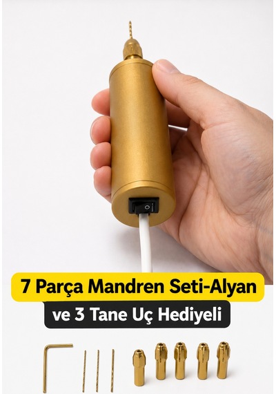 Muraytekno Usb Mini Drill Matkap Seti 7 Parça Mandren Seti, 3 Adet Mikro Matkap Ucu,hassas Delme ,dıy, Gold