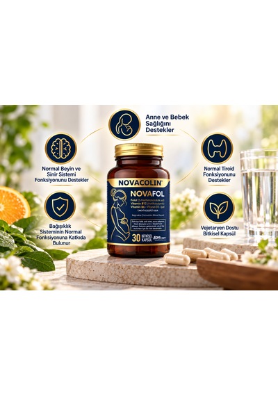 Novacolin Novafol Metilfolat B12 B6 D3 İyot 30 Bitkisel Kapsül