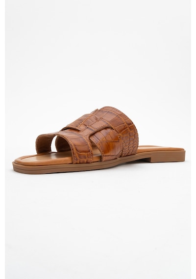 Luvishoes Luvi Shoes Notre Taba Baskı Hakiki Deri Kadın Terlik Taba