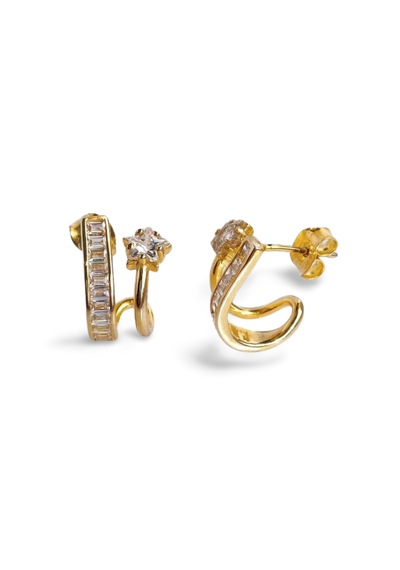 925 Gümüş Zirkon Taşlı Baget Yıldız Gold Duo Kadın Küpe Gold - Gümüş