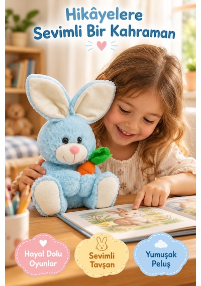 Mavi Tavşan Peluş Oyuncak 28 Cm Havuçlu Sevimli Yumuşak Oyuncak Çocuk Odası Dekoru Uyku Arkadaşı Set