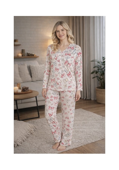 Pemilo Kadın 2043-4 Düğmeli Uzun Kol Likralı Bambu Pijama Takımı Renkli