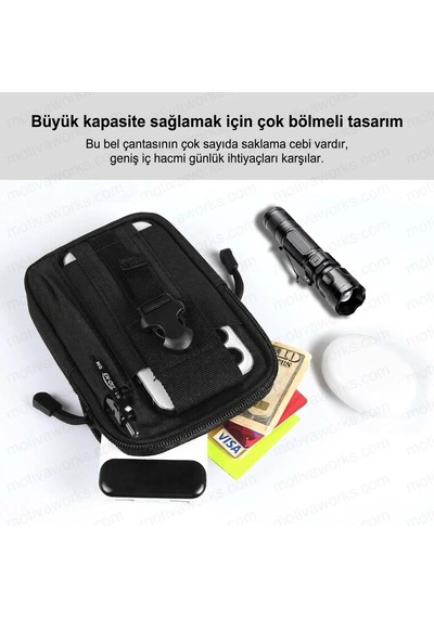 Motiva 18cm Taktik Modüler Mini Siyah Göğüs Telefon Molle Çantası