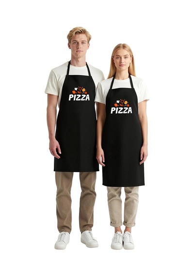 Unisex Mutfak Önlüğü Pizza Baskılı Grafik Desen Aşçı Rahat Kesim Siyah