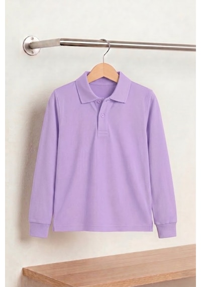 Nacar Store Unisex Çocuk Uzun Kollu Polo Yaka Lakost Okul Tişörtü Lila