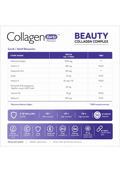 Collagen Forte Platinum Premium 3 Tip Kolajen Hyalüronik Asit 90 Tablet