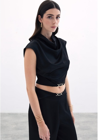 Sateen Toka Detaylı Degaje Bluz - Siyah-135774 Siyah