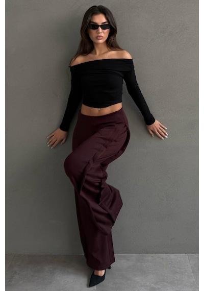 Madmext Bordo Yumuşak Dokunuşlu, Yanları Pilili, Modal İçeren Geniş Paça Pantolon Mg2668 Bordo