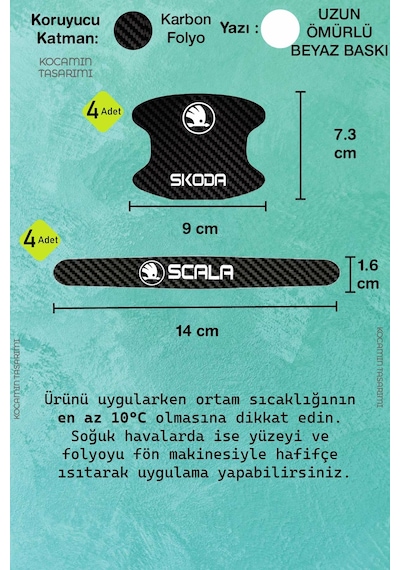 Karbon Dokuya Sahip Skoda Scala Kapı İçi Kolları Koruma Seti Şık Beyaz Yazı Detaylı 8 Parça Ürün