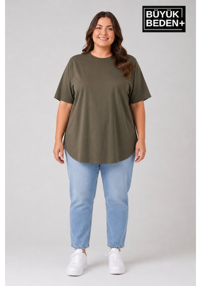 Superlife Süperlife Büyük Beden Kadın Bisiklet Yaka Basic Oval Etek Detalylı 3xl-6xl Uzun Tunik Spr26btsk502 Haki