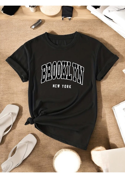 Unisex Brooklyn New York Baskılı Tasarım Tshirt Siyah