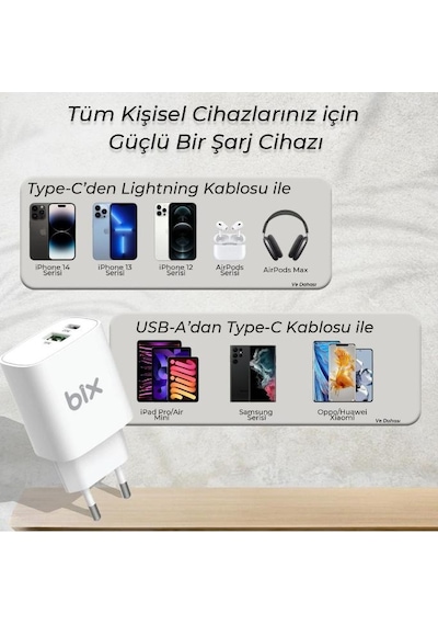 Bix Çift Portlu Typ-c 20wpd + Usb-a 18w Qc Girişli Hızlı Şarj Adaptörü 1 Adet