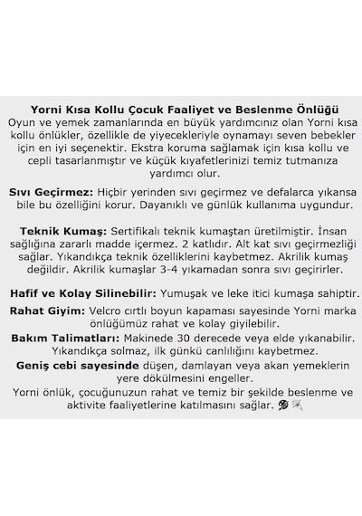 Yorni Unisex Su Geçirmez, Cırtlı, Cepli, Yarım Kollu Bebek/çocuk Mama Önlüğü, 1-3 Yaş Family Çok Renkli
