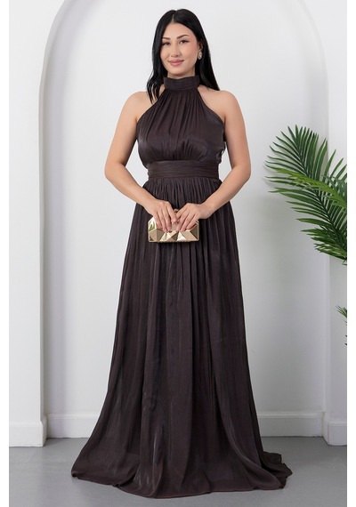 Kalopya Halter Yaka Şifon Elbise Grs4128 Kahve