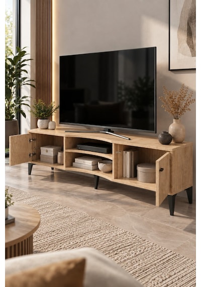 Sulorahome Bej Suntalam Tv Sehpası 160x35 Cm Sepet Desenli Ve Kapaklı