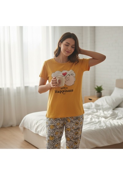 Bonbon Kadın Giyim Kısa Kollu Baskılı Pijama Takımı Bb2664 Çok Renkli