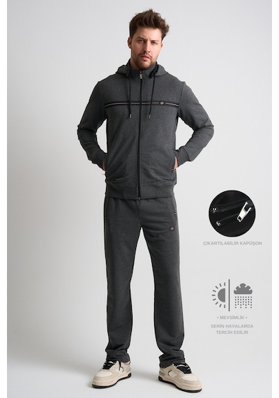 Shooter Sportswear Shooter Klasik Erkek Eşofman Takımı Çıkartılabilir Kapüşonlu Rahat Kalıp Antrasit