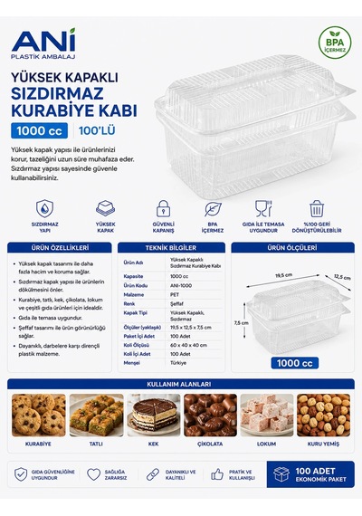 Anı Yüksek Kapaklı Sızdırmaz Kurabiye Kabı 1000 Cc 100'lü