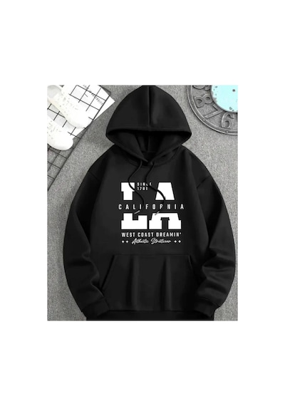 Herkesemoda California Baskı Detaylı İçi Polarlı Kapüşonlu Sweatshirt Siyah