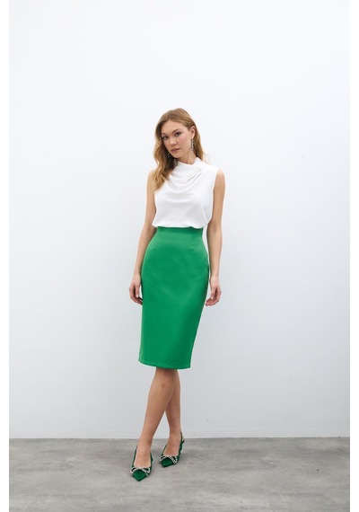 Sateen Düz Kalem Etek - Yeşil