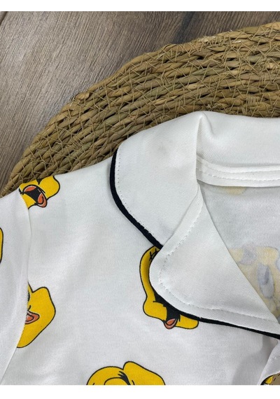 Kruvaze Yaka Önden Düğmeli Rahat Kalıp Yazlık Unisex Bebek Pijama Takımı %100 Pamuk 4bb2 Beyaz