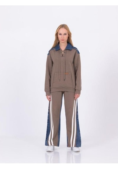 Zekids Kız Çocuk Şeritli Bol Paça Denim Pantolon-13453-kahverengi Kahverengi
