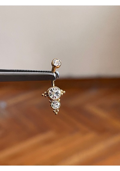 Üç Taş Gold Renk Ultraliğht 10 Mm Titanyum Göbek Piercingi