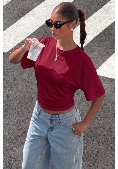 Genius Store Kadın Bele Oturan Geniş Kollu Bluz Yarasa Kol Siyah Bluz Yarasa-bluz Bordo