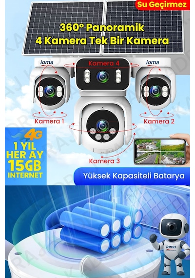 Sim Kartlı Kamera , Güneş Enerjili 4 Kameralı Solar Panelli Kamera , 20000 Mah 2 Solar Panel 4g Ioma