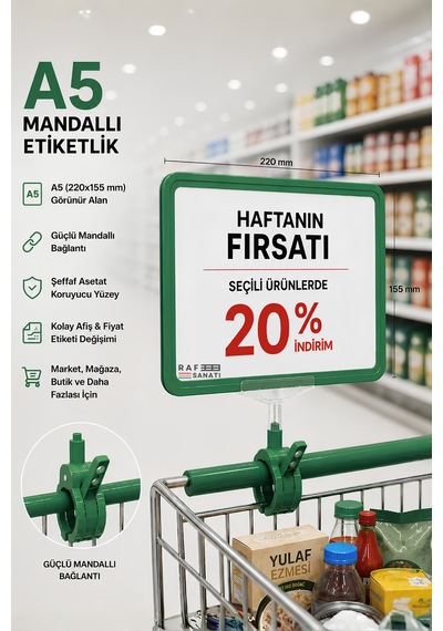 A5 Mandallı Etiketlik Fiyatlık Sepet Raf Askılık Fiyat Etiketi Çerçeveli Market Mağaza Yeşil