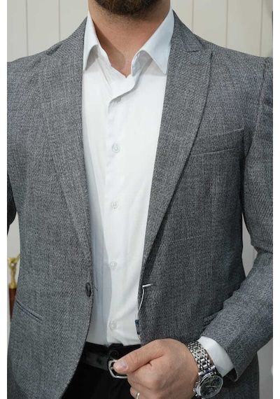 Bys Beystil Sivri Yaka Hasır Gri Ceket - Slim Fit