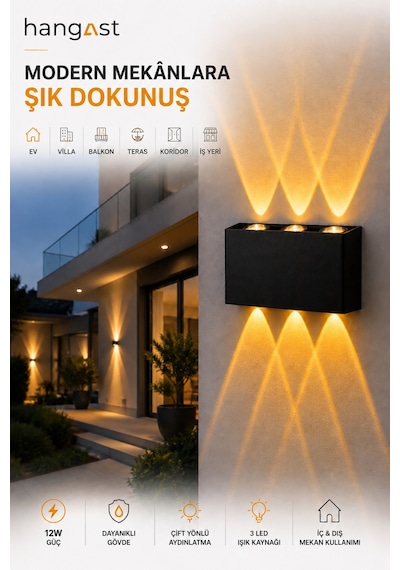 Pilli Amber 3 Led Dekoratif Duvar Apliği Çift Yönlü Yukarı Aşağı Aydınlatma İç & Dış Mekan Duvar Lambası Siyah