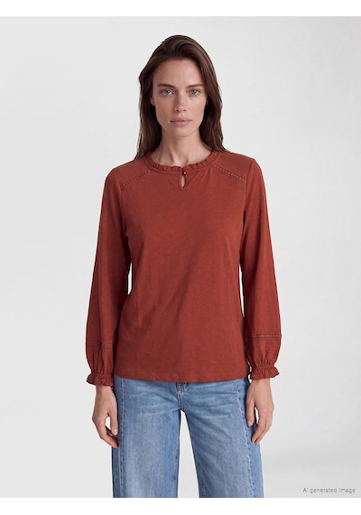 LC Waikiki Lcw Grace Turuncu Fırfırlı Bisiklet Yaka Nakışlı Bluz Burnt Orange