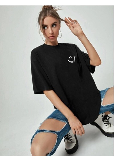 Flood Of Style Kadın Siyah Smile Baskılı Oversize Bisiklet Yaka Kısa Kollu Tişört