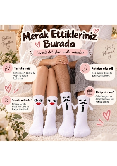 Womanandkids Wak Mıknatıslı Gelin Damat Çorabı 2 Çift El Ele Tutuşan Düğün Çeyiz Bohça Eğlenceli Set Beyaz