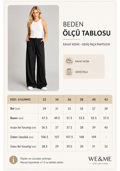 We&me Kadın Siyah Rahat Kesim Baggy Geniş Paça Pantolon Bel Lastikli Bağcıklı Günlük Şık Salaş Pantolon We&me Kadın Siyah Rahat Kesim Baggy Geniş Paça Pantolon Bel Lastikli Bağcıklı Günlük Şık Salaş Pantolon