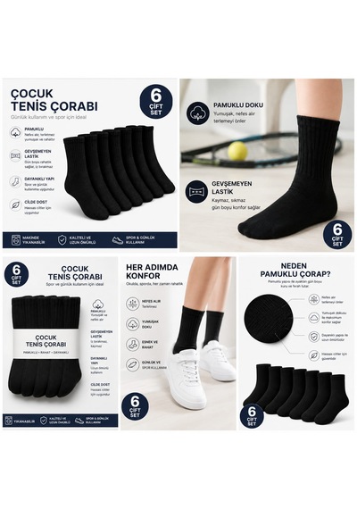 Km Collections Çocuk Tenis Çorabı 6 Çift Pamuklu Siyah